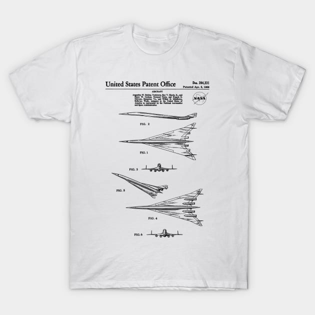 NASA Supersonic Airplane Patent Black T-Shirt by Luve